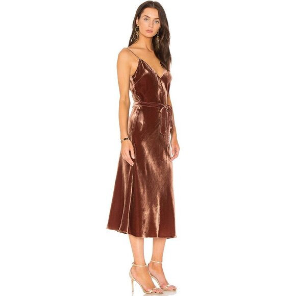Frame Belted Velvet Midi Dress Slit Sleeveless V-Neck in Spice Brown Women's XS - Picture 9 of 9